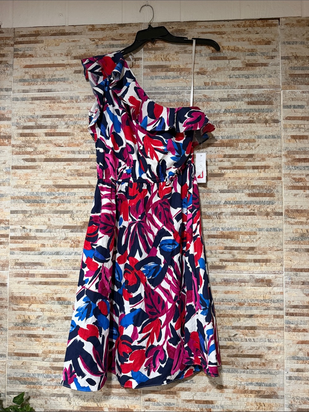 Donna Morgan One-Shoulder Ruffle Floral Dress in Red, Pink & Blue